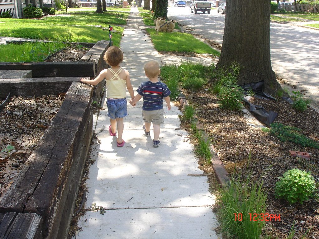People walking along a tree-lined path in a park